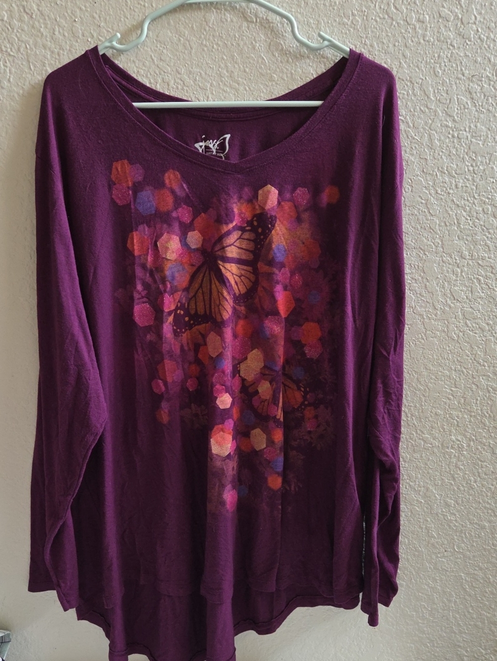Just My Size Plum Long Sleeve Top with Multicolor Butterfly Print